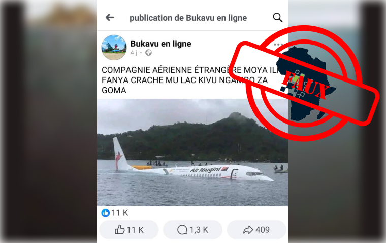 capture d'ecran d'un fausse information sur avion crashé au lac Kivu